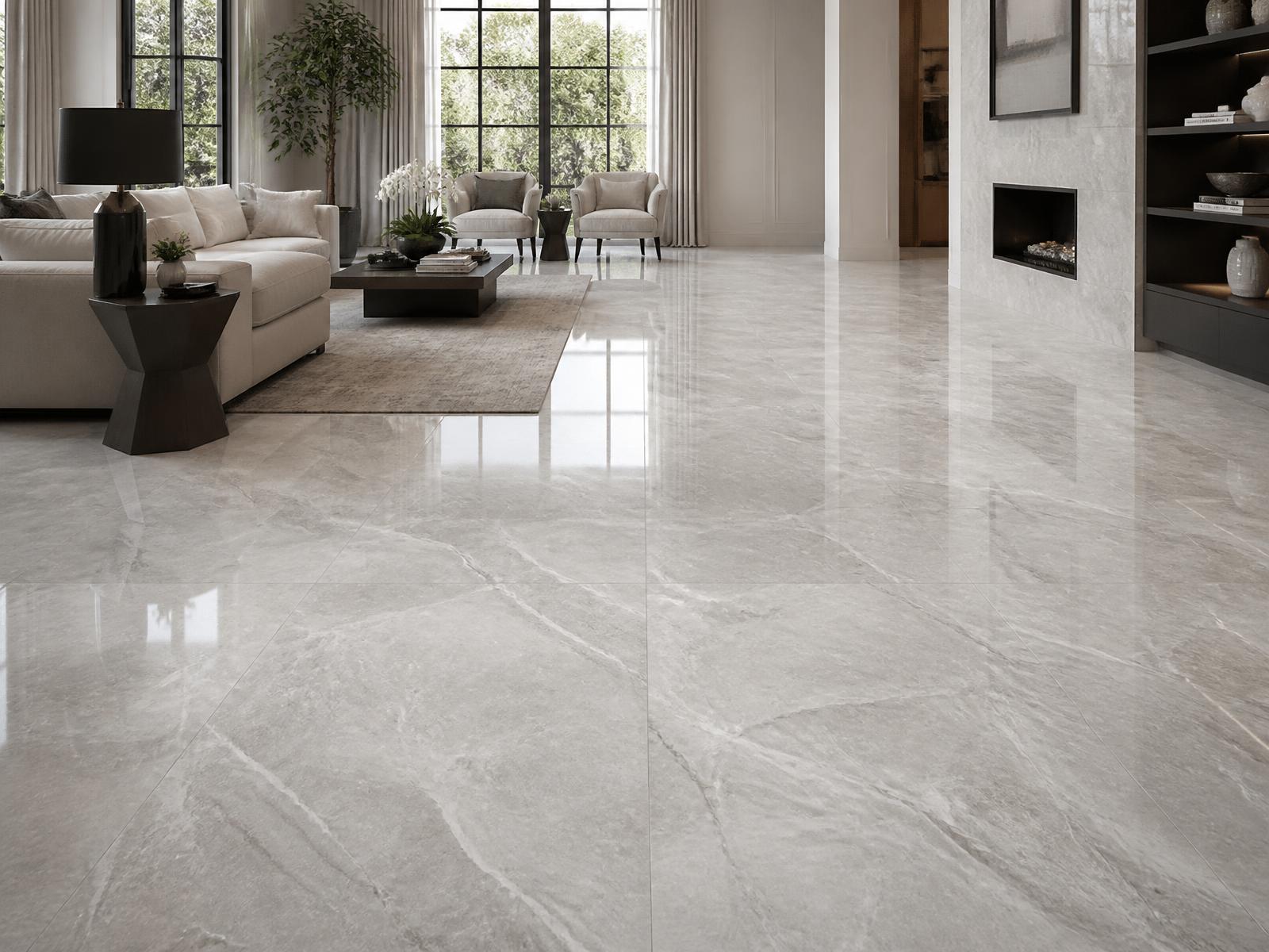 Same living area with a seamless polished large-format porcelain floor