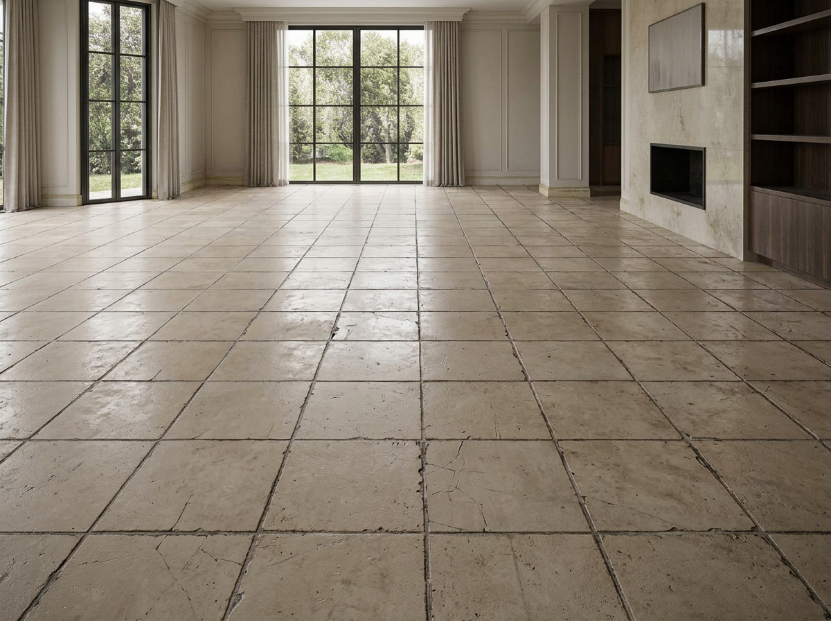 Living area with cracked, stained ceramic floor tile before renovation