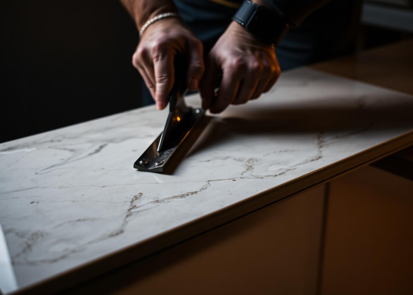 Installer hand-setting marble tile