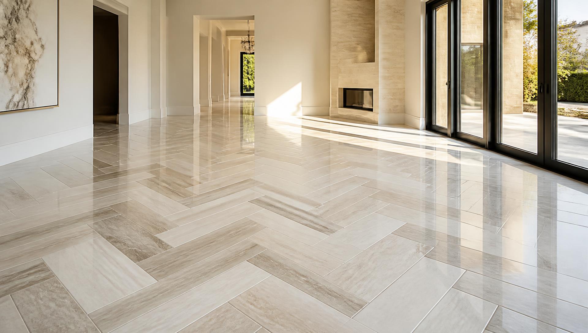 Herringbone tile floor installation by Paradise Marble & Tile