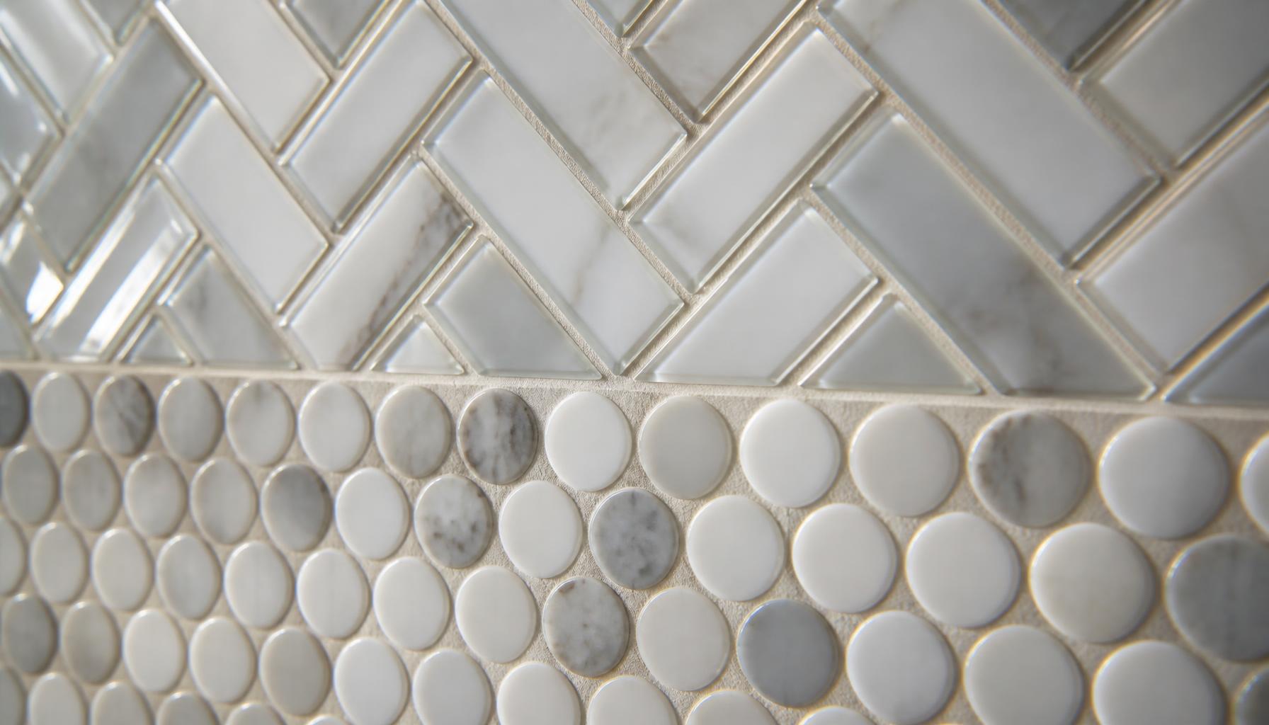 Hand-set mosaic tile backsplash with marble and glass tiles