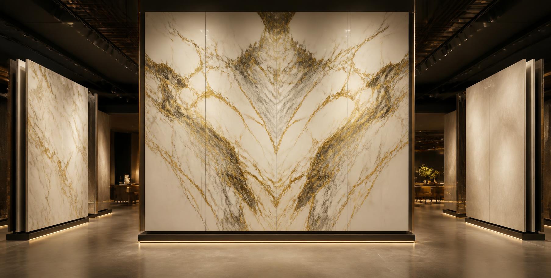 Bookmatched marble slabs in a luxury natural stone gallery