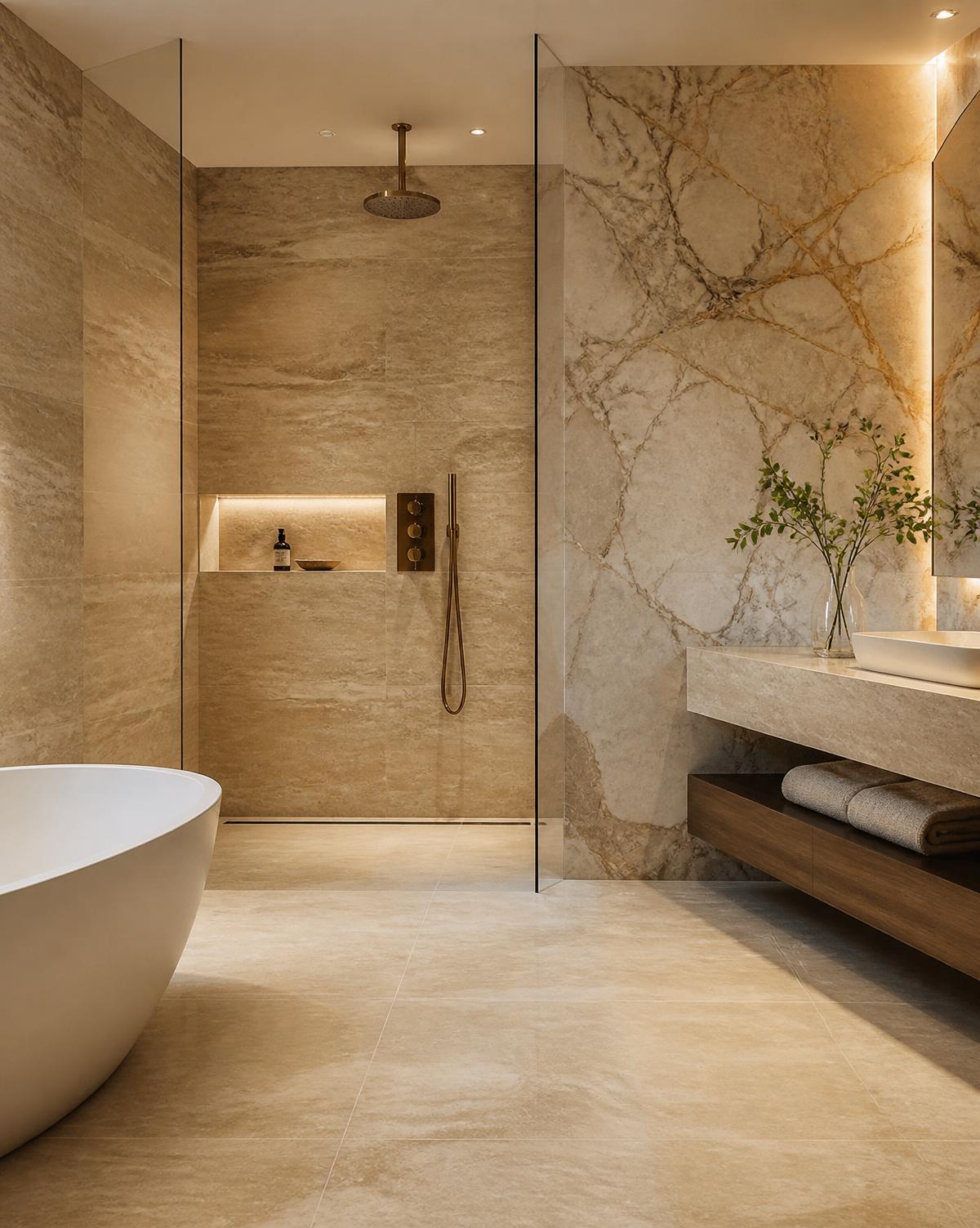 Luxury bathroom with travertine and marble tile in Central Florida